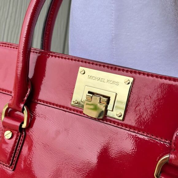 Michael Kors Red Patent Satchel Gold HW, Flip-Lock, MK Charm, 13" - Picture 4 of 10